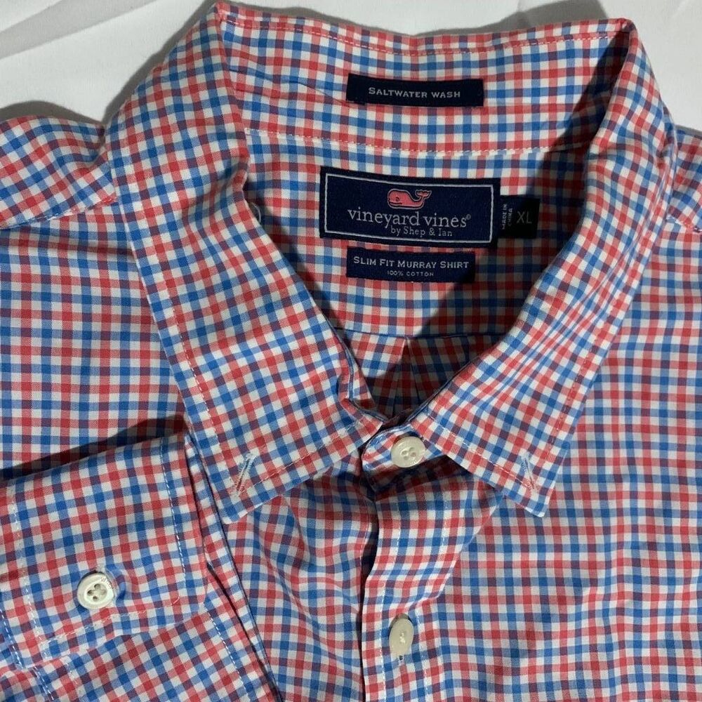 Vineyard Vines Murray Shirt Slim Fit XL Red Blue Gingham Check 100% Cotton